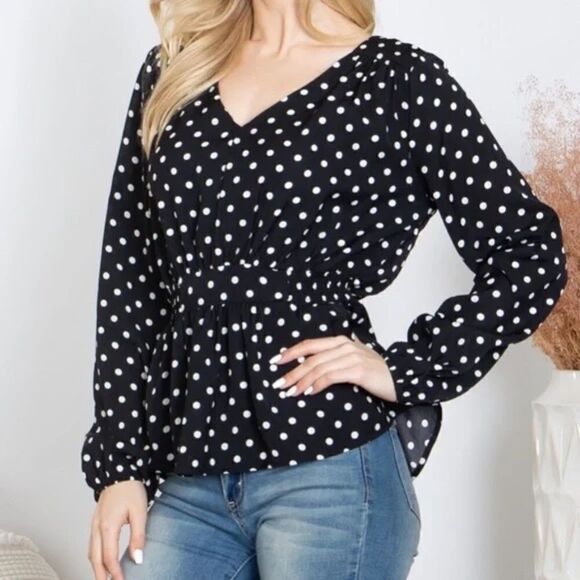 Black V-Neck Long Sleeve Blouse with White Polka Dots - Picture 2 of 5